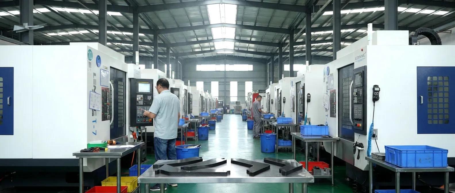 Carbon fiber manufacturing factory workshop with CNC machining and composite production equipment