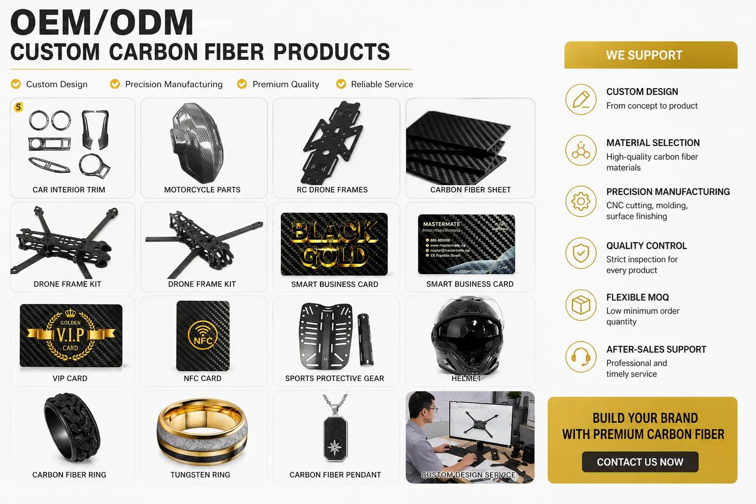 Custom carbon fiber OEM ODM manufacturing solutions for automotive, electronics and industrial composite products